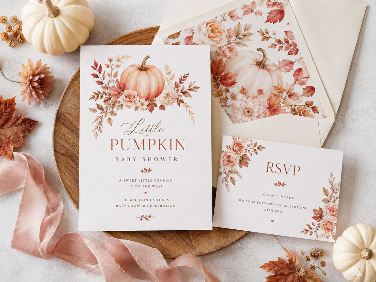 Little pumpkin fall baby shower invitations with cream and terracotta pumpkins, autumn leaves and matching envelopes
