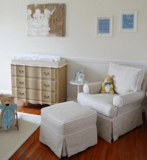 Elegant little prince nursery theme design with glider rocker, ottoman and custom crown wall art