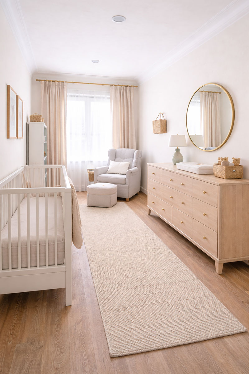 Example of a long narrow nursery with dresser and chair grouped on one wall and crib on the opposite wall