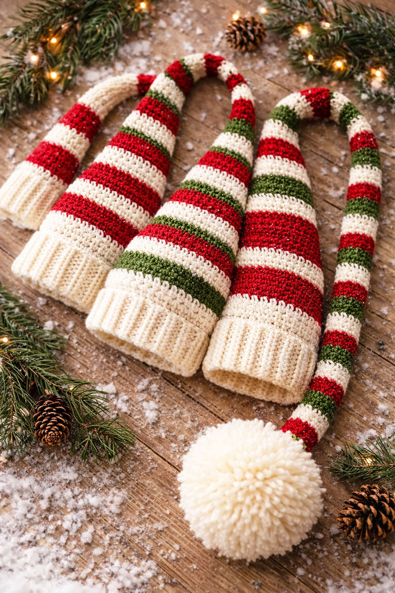 Long tail crochet elf baby hat made with red white and green yarn