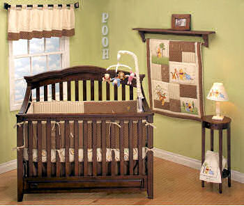 Classic Winnie the Pooh Bear neutral baby nursery room design ideas in sage green and brown with crib quilt
