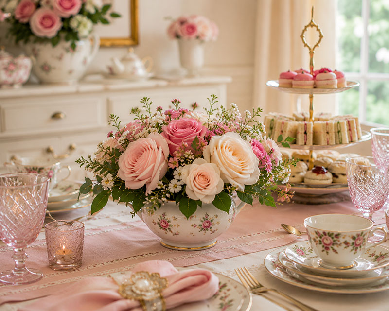 Tea party centerpiece ideas featuring teapots, teacups and flowers for a baby shower