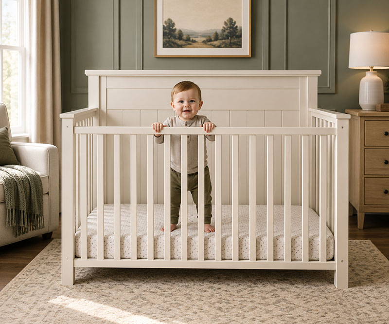 Lowered crib mattress height setup showing the mattress in a lower position