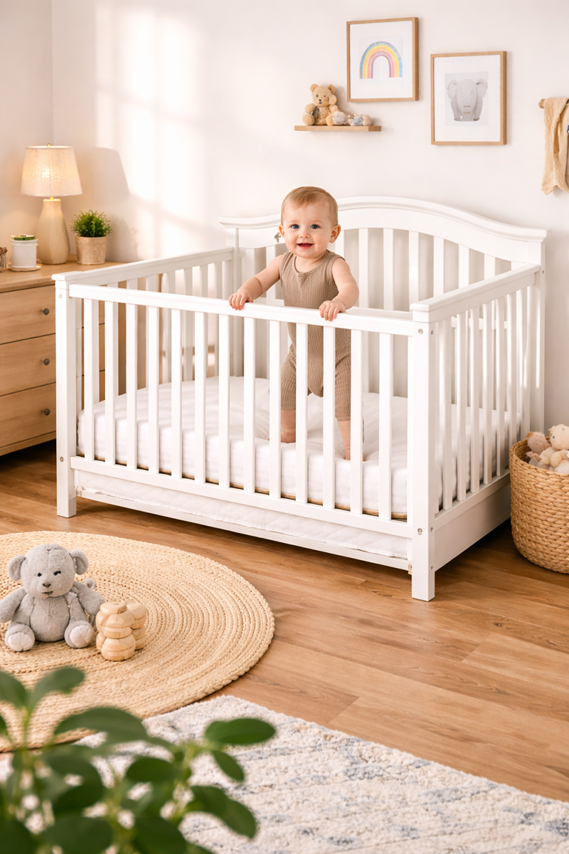 Lowered crib mattress height setup showing the mattress in a lower position for a more active baby stage