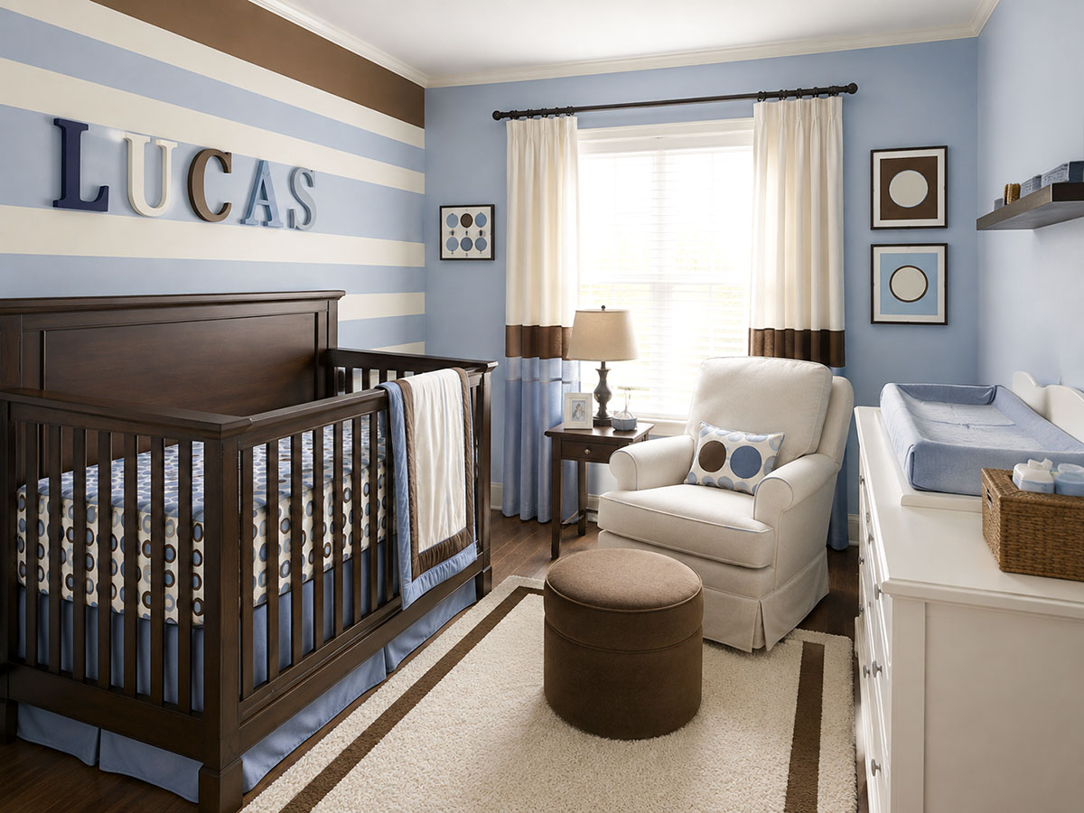 Serene baby boy nursery decorated in soft blue, brown and cream