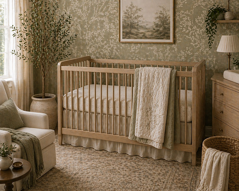 High-end nursery bedding with layered neutral textures and soft fabric details