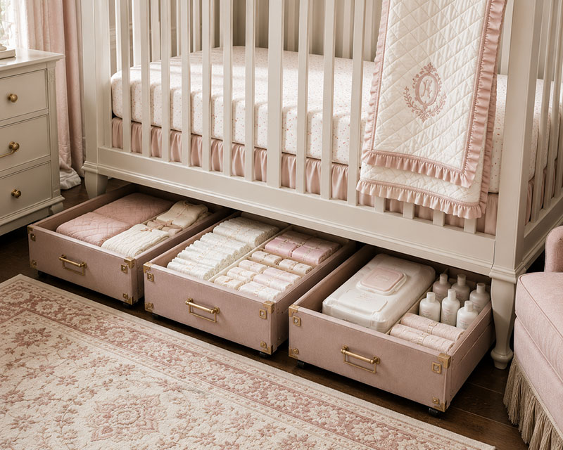 Organized nursery with hidden storage underneath the crib