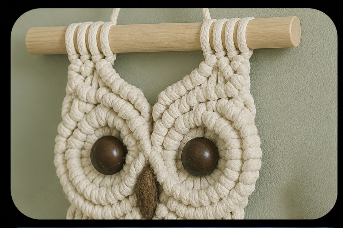 Macrame owl eye rings positioned beneath three raised double half hitch brow rows on the upper wooden dowel