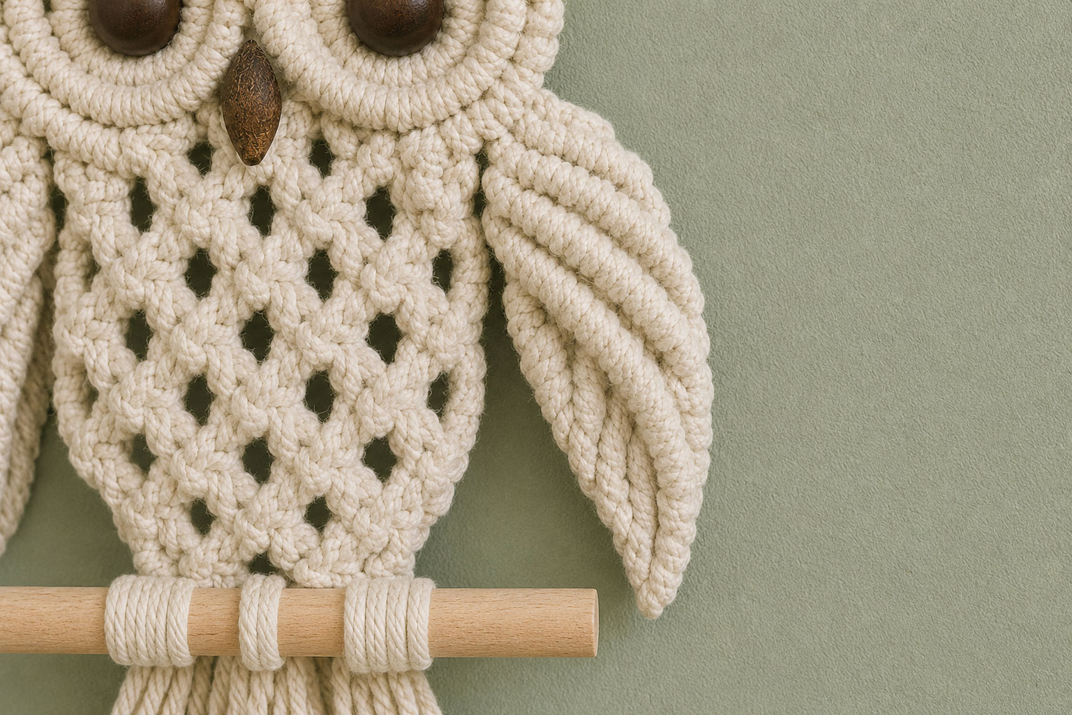 Four graduated double half hitch ribs forming one long tapered wing on the macrame owl