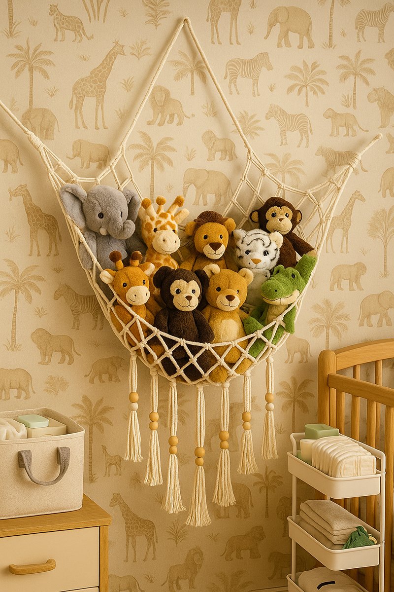 Macramé toy hammock filled with jungle animal plush toys hanging on a safari-themed nursery wall with wooden beads and long tassels.