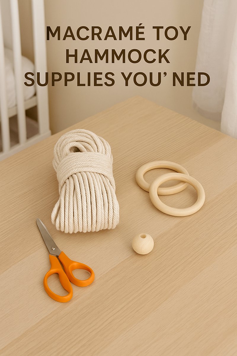 Supplies for a DIY macrame toy hammock pattern including cotton cord, wooden rings, beads, and scissors neatly arranged on a nursery table