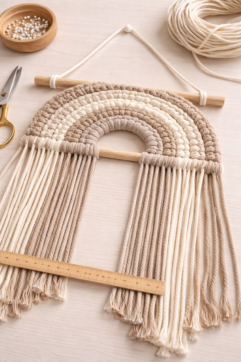 Boho macrame wall hanging pattern in progress with rows forming the shape