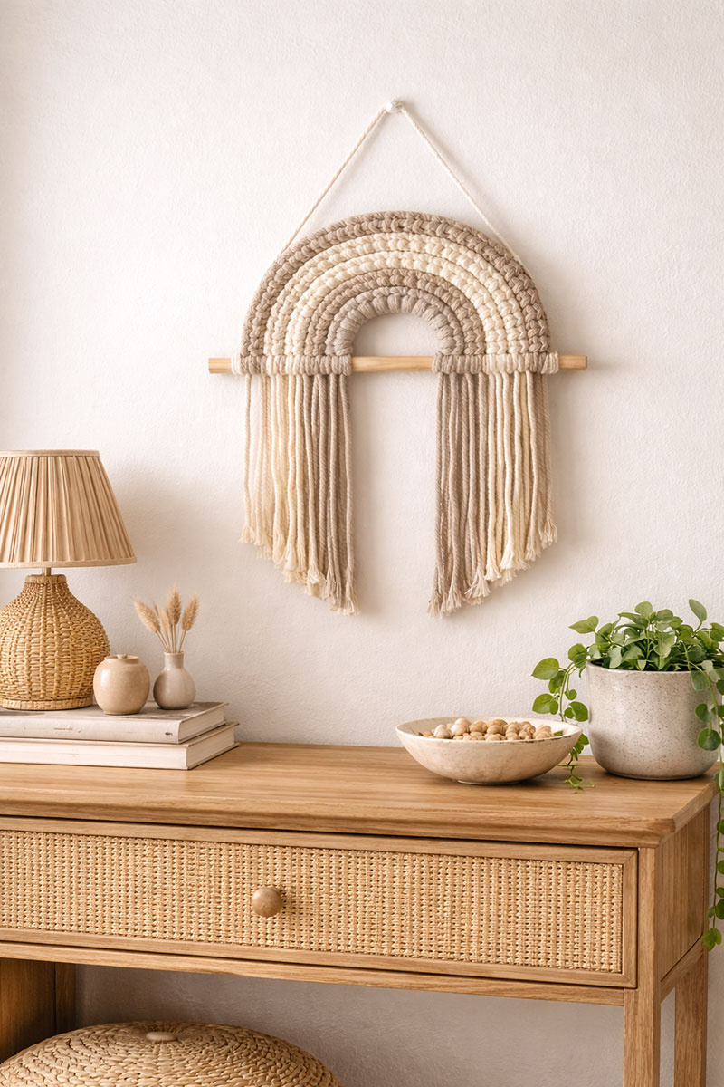 Boho macrame wall hanging placed on a nursery wall