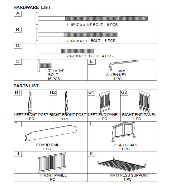 Jardine Madison 4 in 1 baby crib assembly instructions manual parts hardware diagram