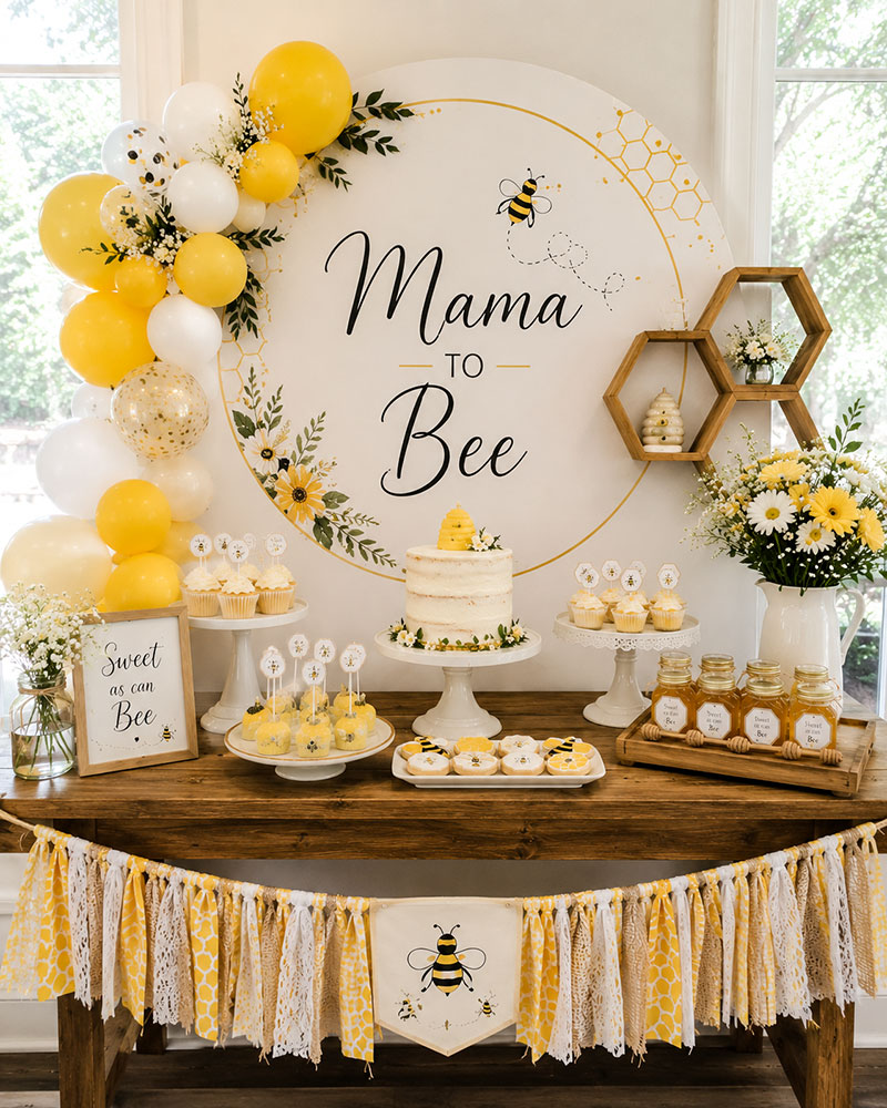 Mama to bee dessert backdrop with coordinated bee theme decorations and honeycomb styling