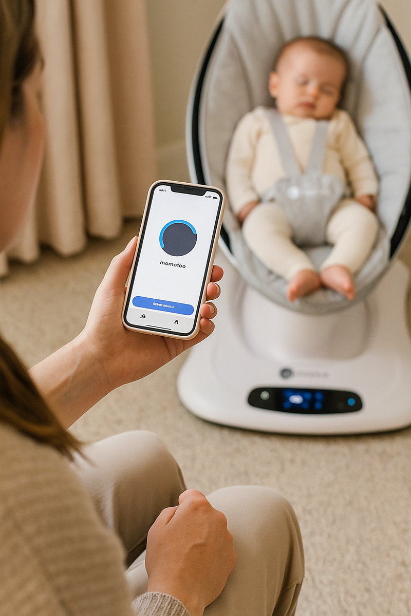Parent using smartphone to adjust the 4moms MamaRoo Multi-Motion Baby Swing app settings while baby naps in a cozy neutral nursery