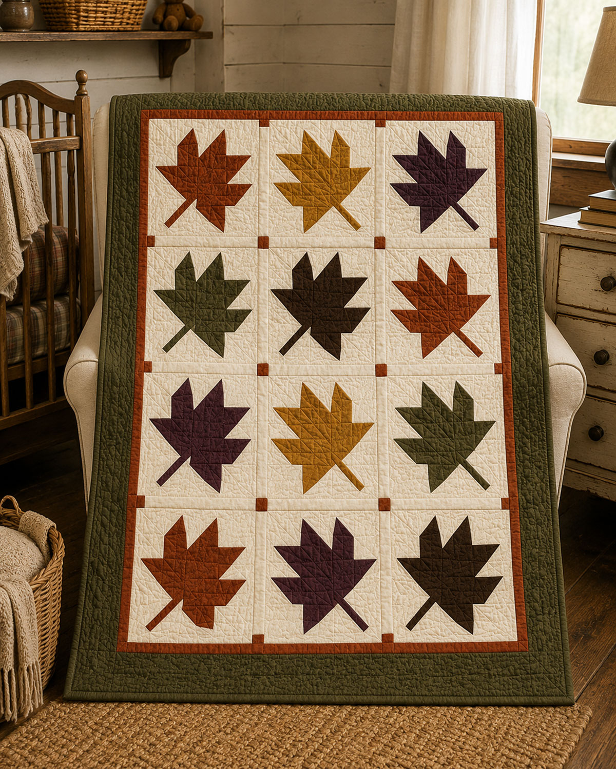 Three by four maple leaf baby quilt layout with rust mustard olive plum and brown blocks ivory sashing rust cornerstones and olive border