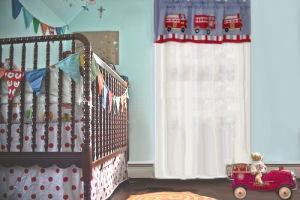 Baby boy red and white polka dot fire truck baby nursery crib bedding set and nursery window valance