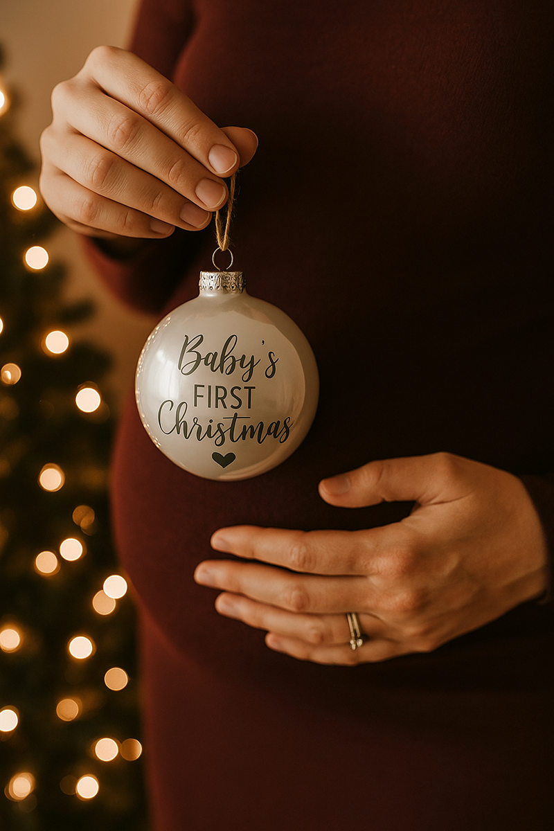 Close-up holiday maternity photo of hands on the baby bump with a Christmas ornament in soft light.