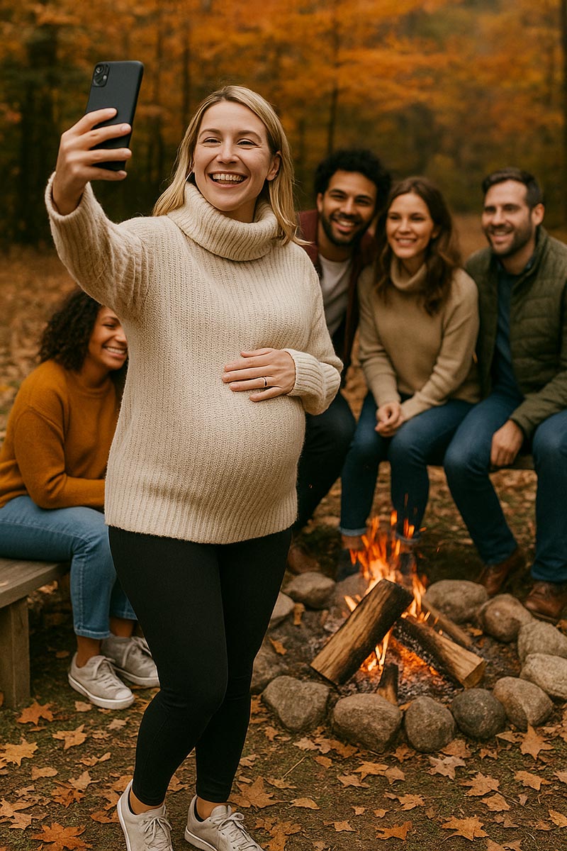 a pregnant woman wearing a funnel neck knit sweater, leggings, trim profile sneakers at an autumn bonfire taking a selfie