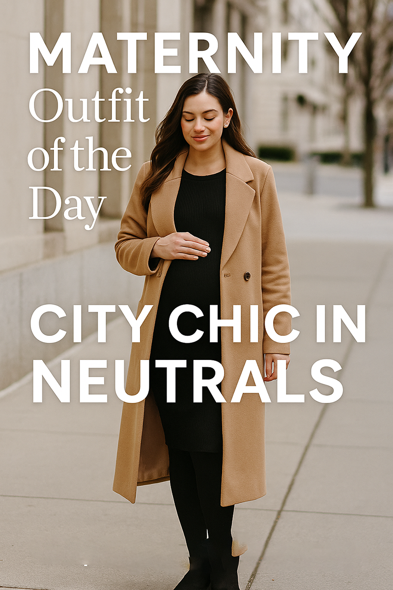 Maternity outfit of the day city chic neutrals with long coat leggings and boots