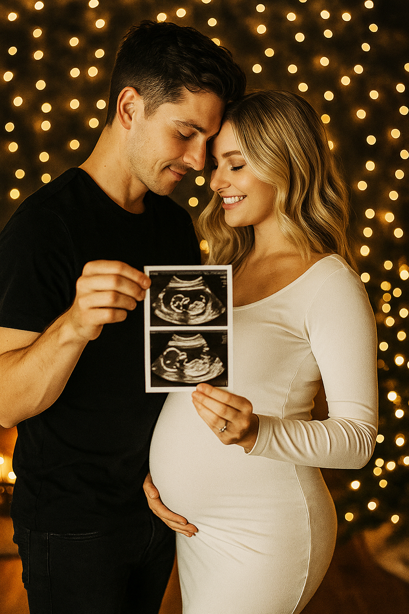 Expecting couple holding an ultrasound against twinkling fairy lights during a winter maternity photo shoot.
