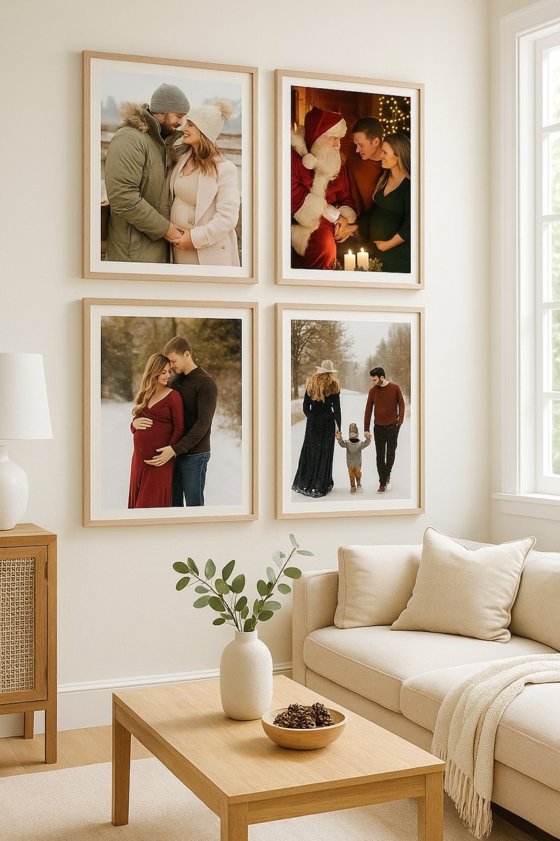 Bright, elegant gallery wall displaying framed maternity and family photos in a sunlit living room with soft neutral tones and cozy home decor.