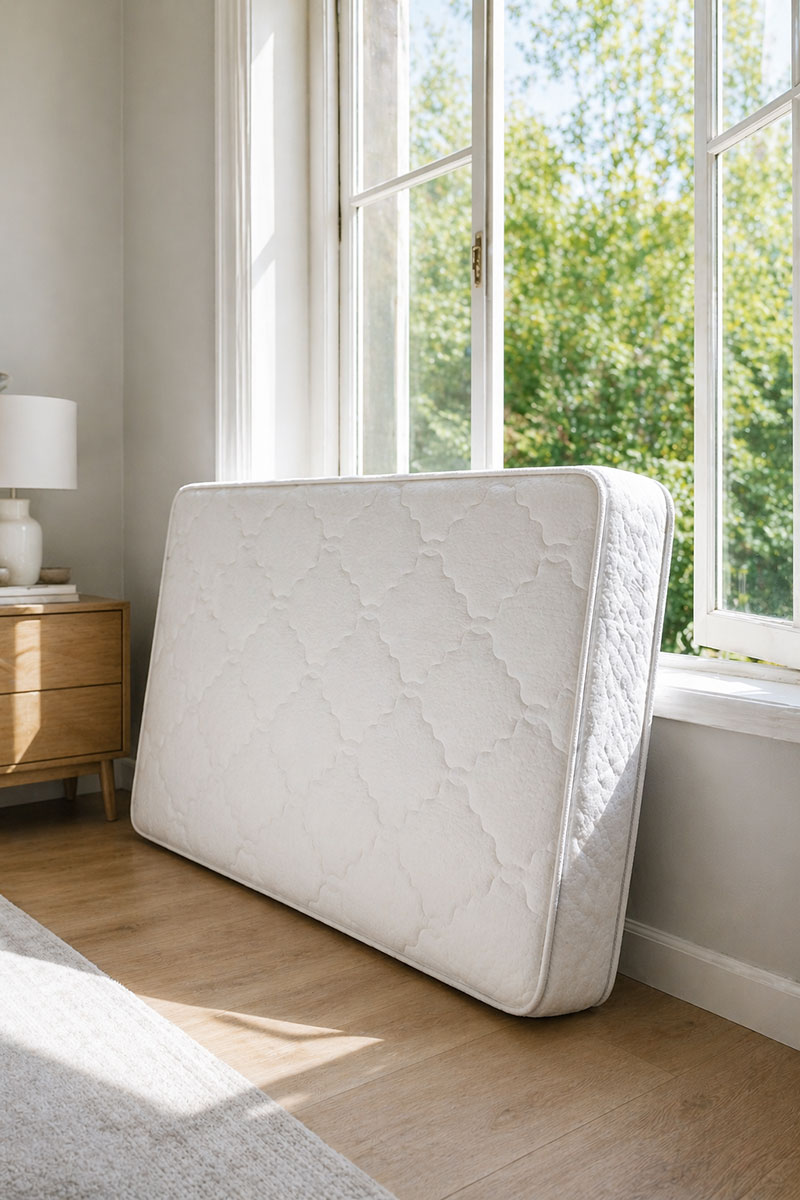 Mattress airing out near a window in a clean nursery