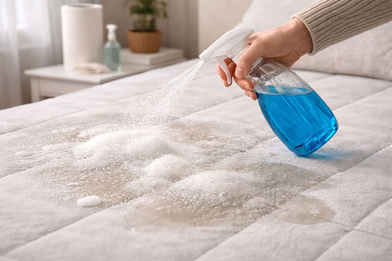 Overuse of cleaning spray on mattress surface causing dampness