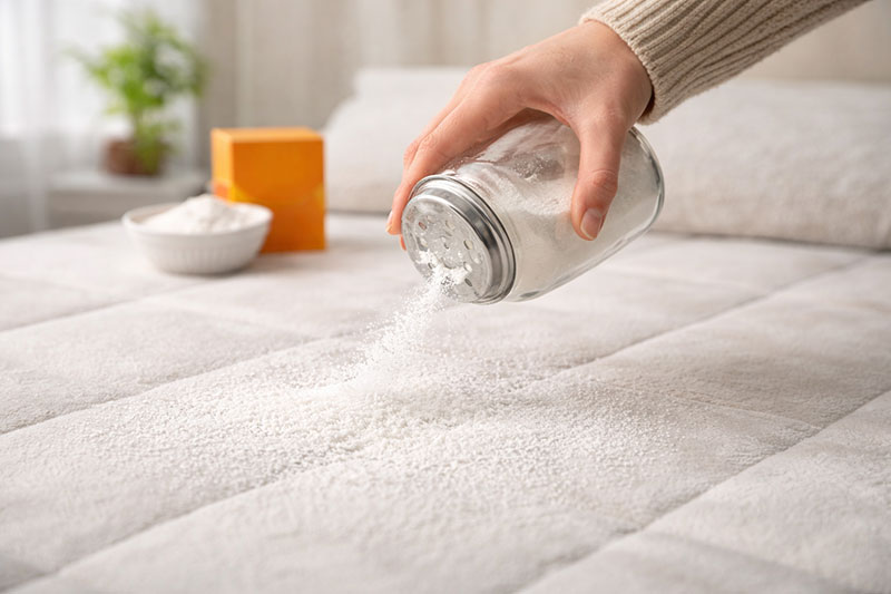 Applying baking soda evenly across a mattress surface