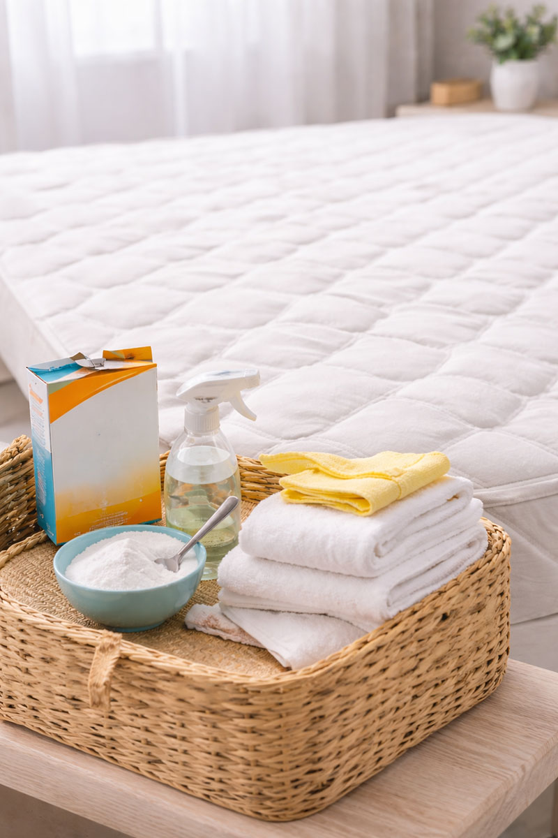 vacuum baking soda and clean cloths ready for mattress deodorizing