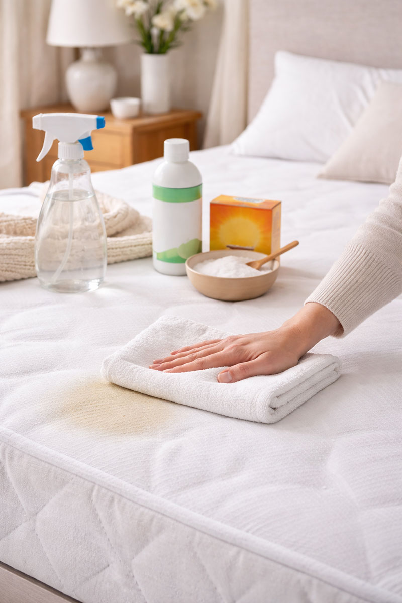 Editorial style mattress spot cleaning setup with towels and spray bottle on a modern bed