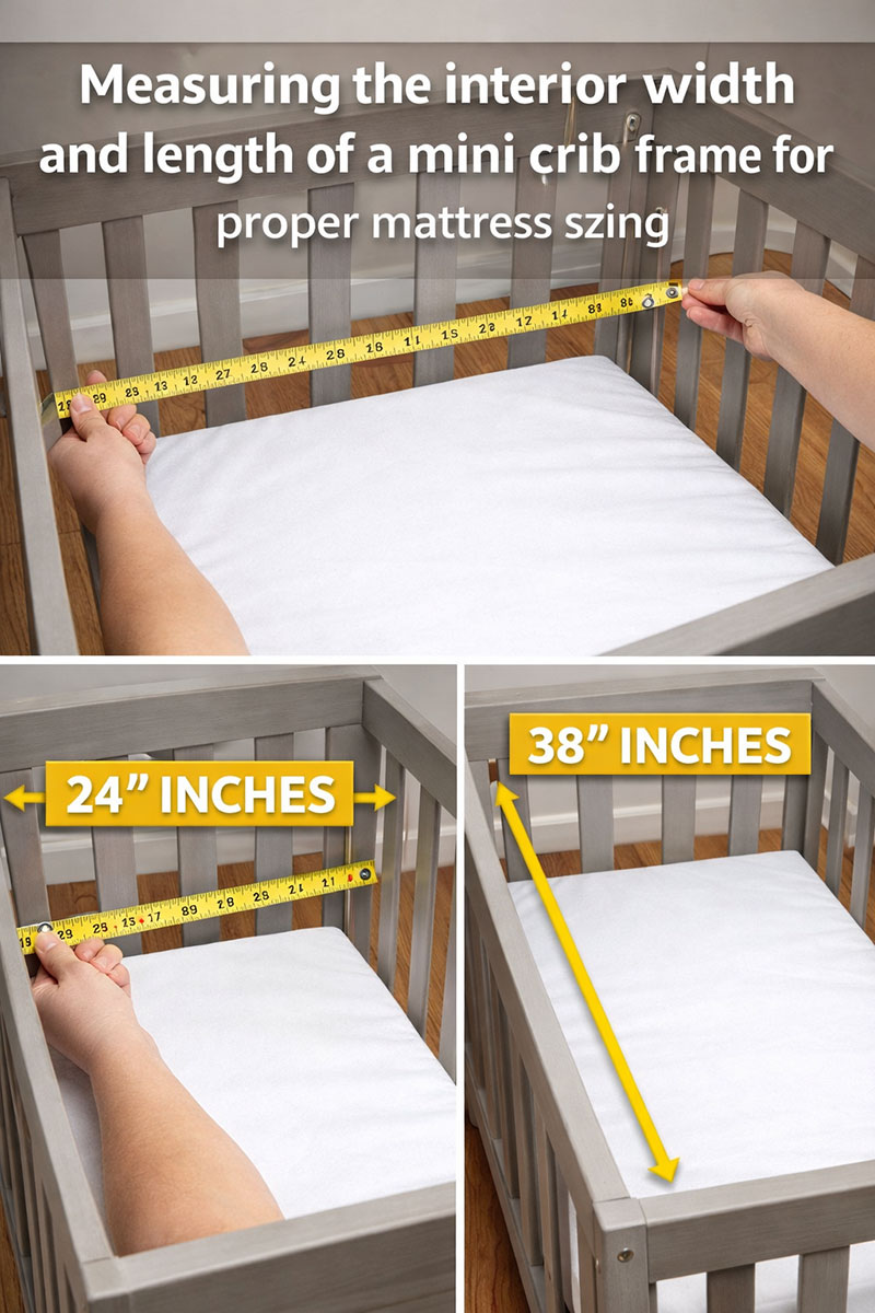 Measuring the interior width and length of a mini crib frame for proper mattress sizing