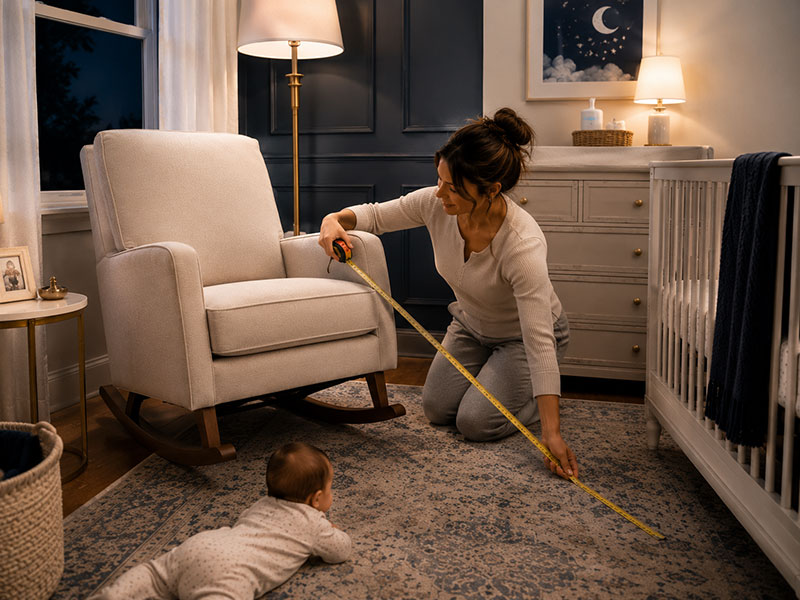 Measuring nursery chair setup beside crib and dresser