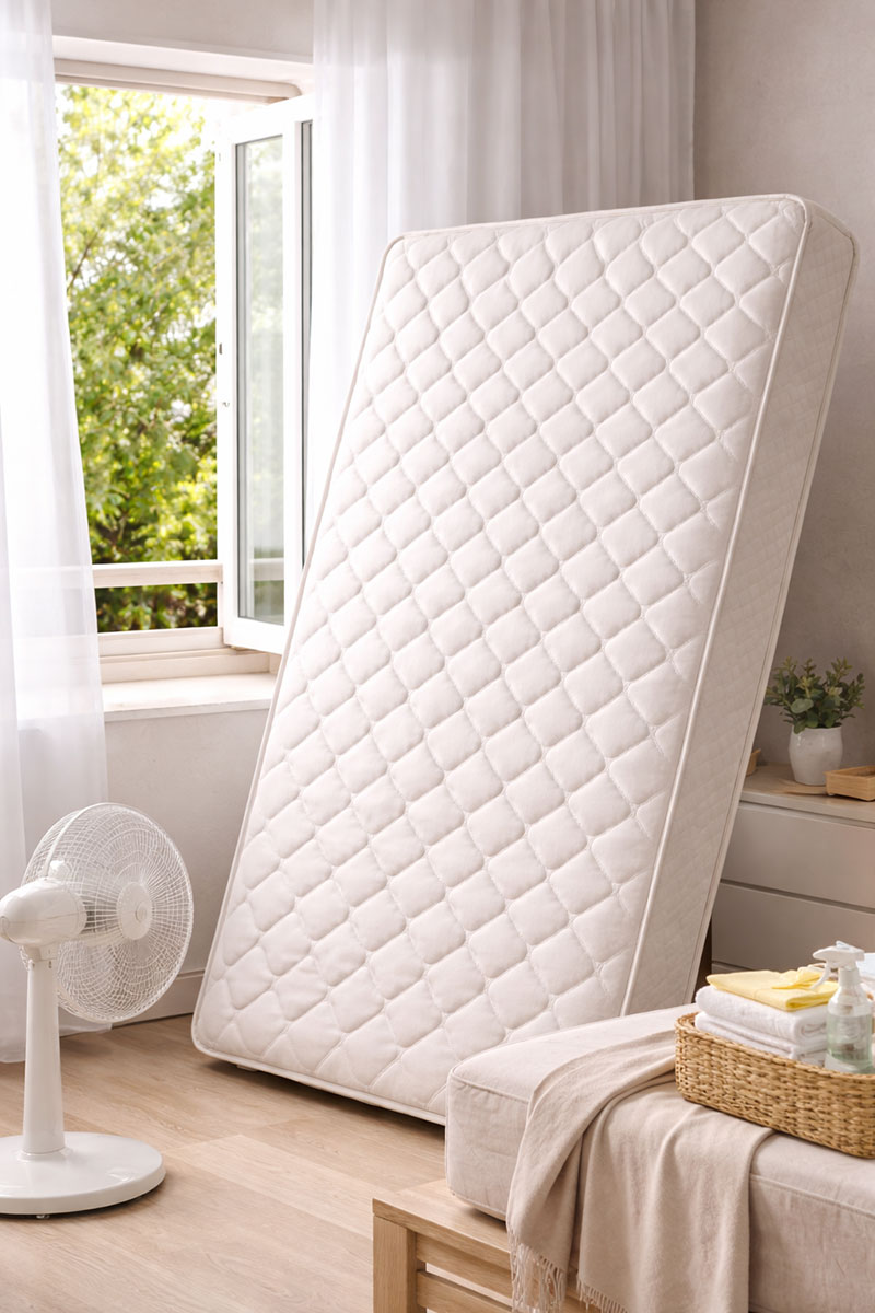 memory foam mattress airing near window after deodorizing process