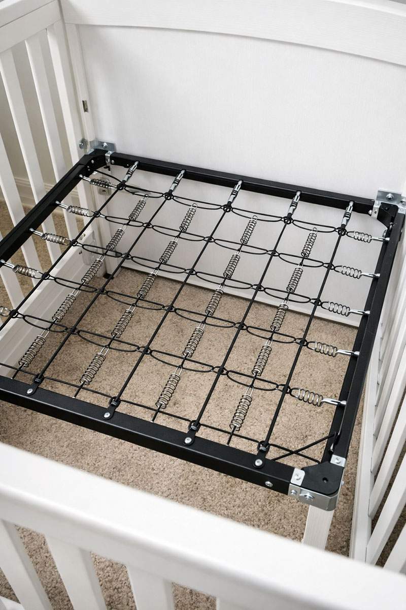 Metal crib mattress support frame with integrated spring grid and corner mounting points inside a crib
