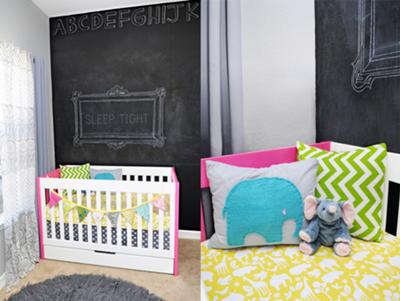 Baby Girl Modern Nursery Decorated with Gray Walls, Bright Yellow Teal Blue and Green and Chalkboard Walls