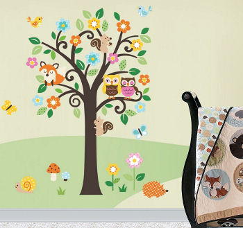 Owl tree nursery wall decal with forest animal stickers