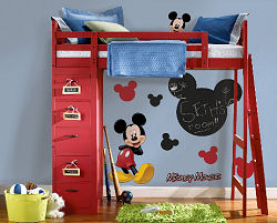 Large baby Mickey Mouse wall decals and chalkboard wall stickers in a baby boy's room