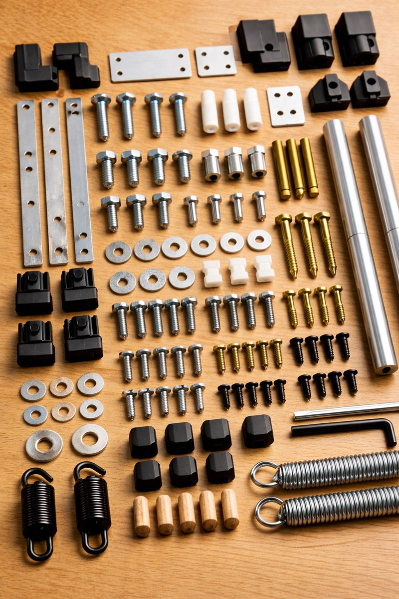 Crib hardware reference photo for identifying bolts, brackets, and fasteners by size and shape
