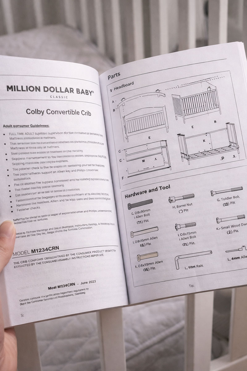 Crib instruction manual page showing a parts diagram used for identification and reference