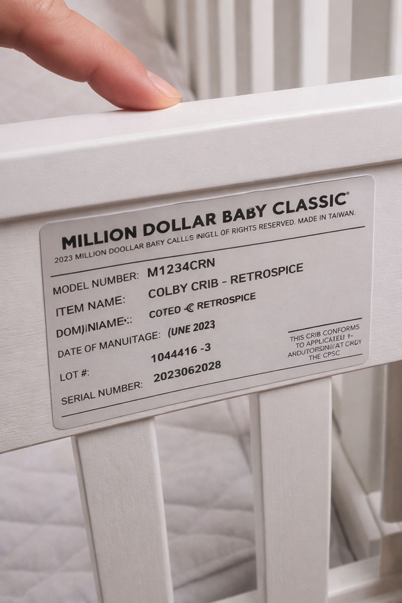 Example crib label location used to identify model name and manufacturing information