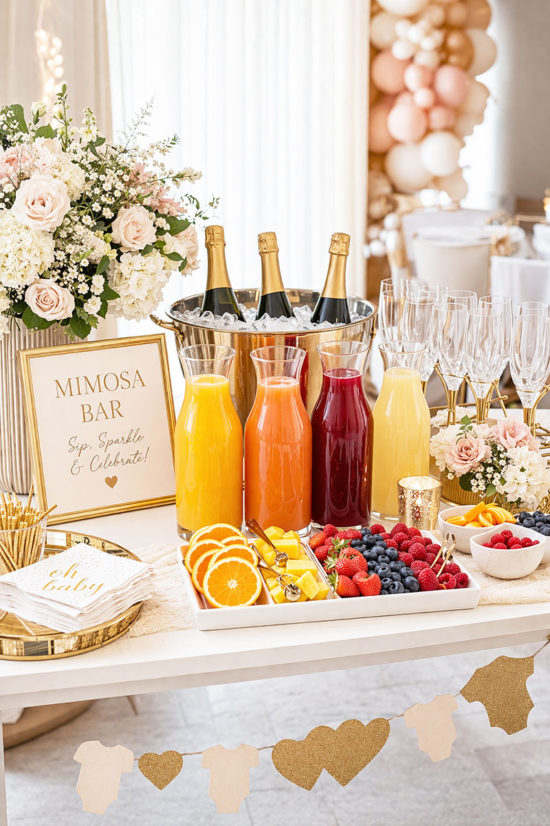 Elegant mimosa bar setup for a baby shower with sparkling drinks, juice carafes, fresh fruit, and soft party decor