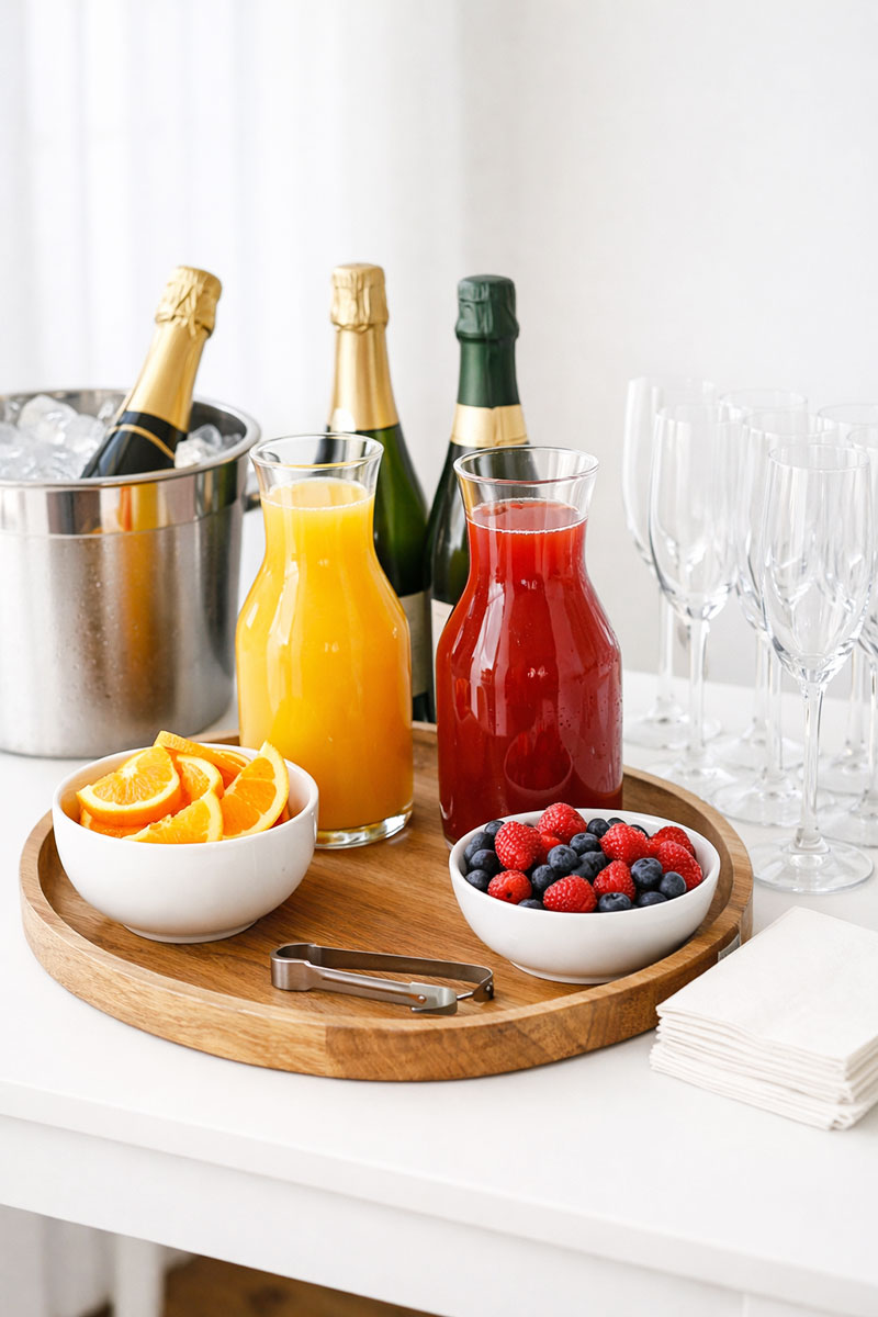 Simple mimosa bar baby shower setup with two juices, sparkling drinks, fruit bowls, and clean table layout