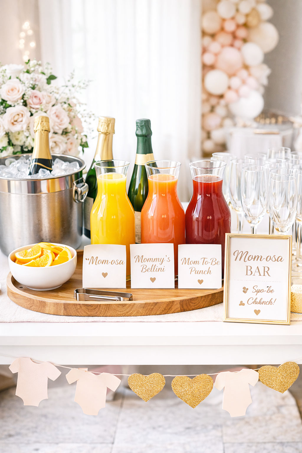 Momosa themed mimosa bar baby shower setup with grouped drinks, fruit garnishes and themed presentation