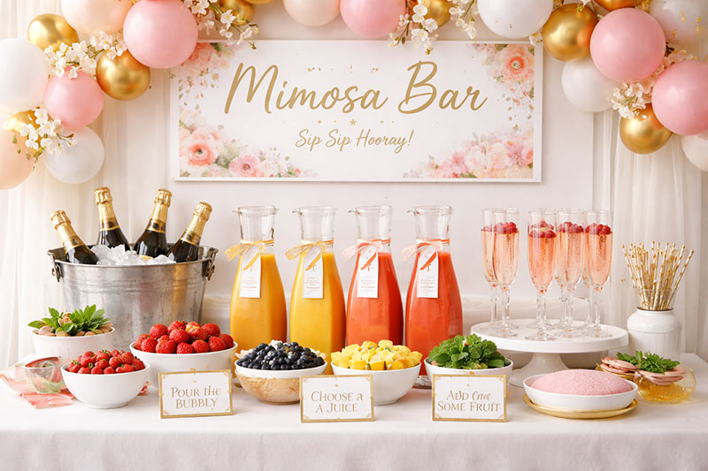 Styled baby shower mimosa bar with multiple juices, fruit garnishes, coordinated decor and clean layout