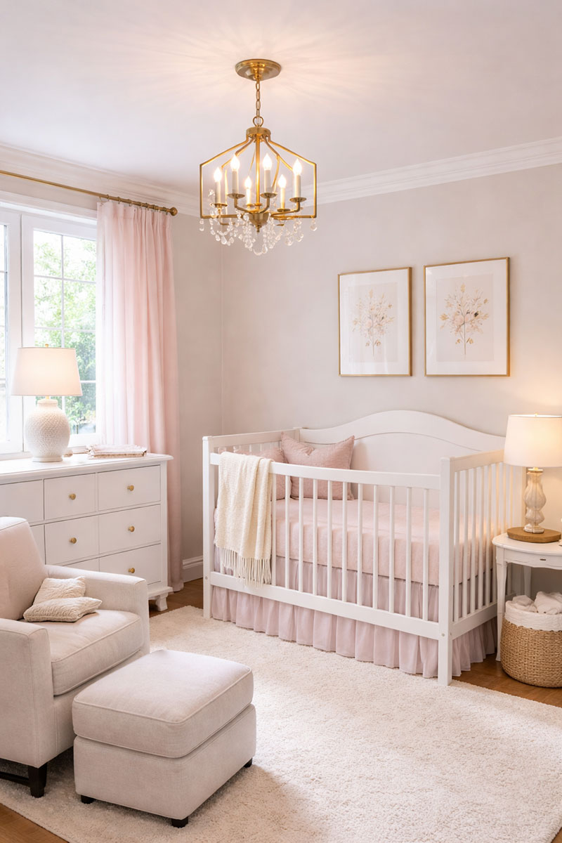 Mini chandelier positioned slightly toward crib area in real nursery layout