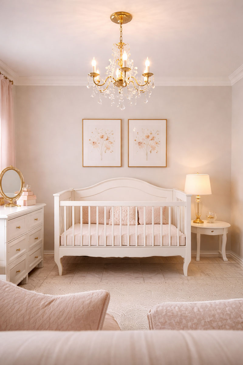 Mini chandelier sized proportionally above crib showing balanced spacing