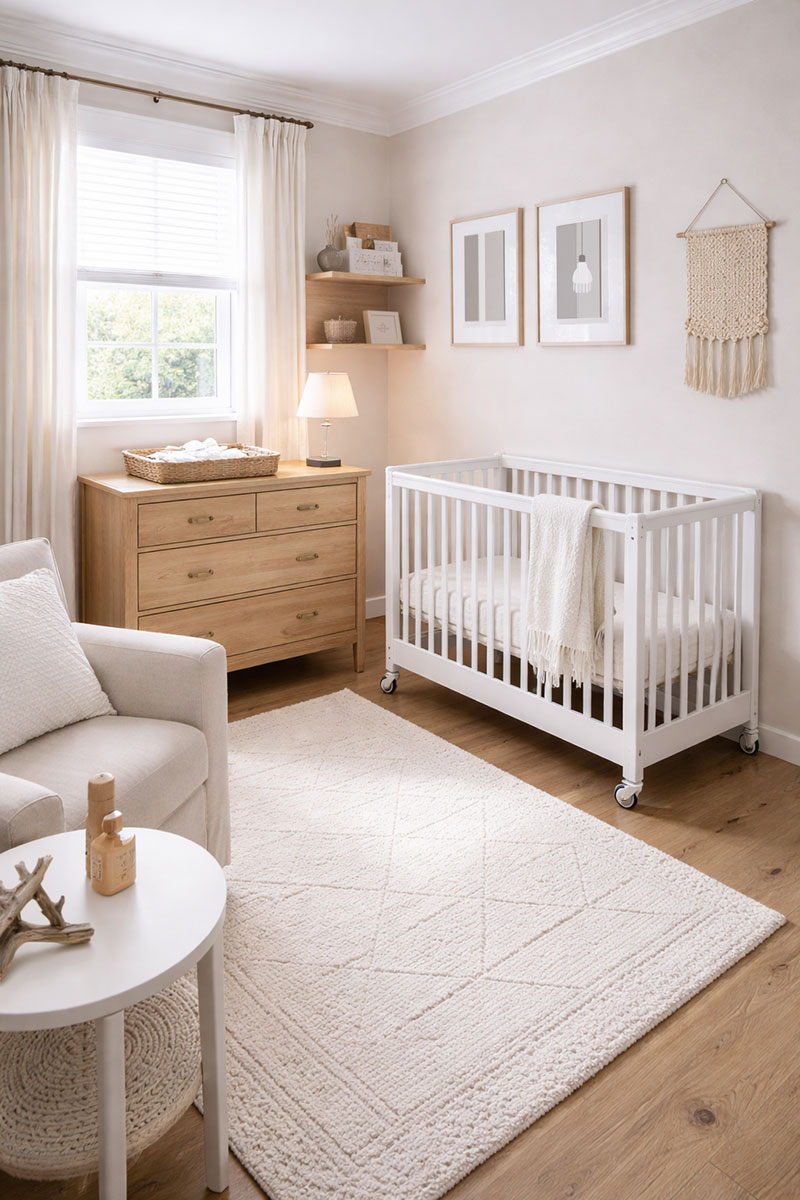 Mini crib placed in a small nursery with dresser and clear walking path