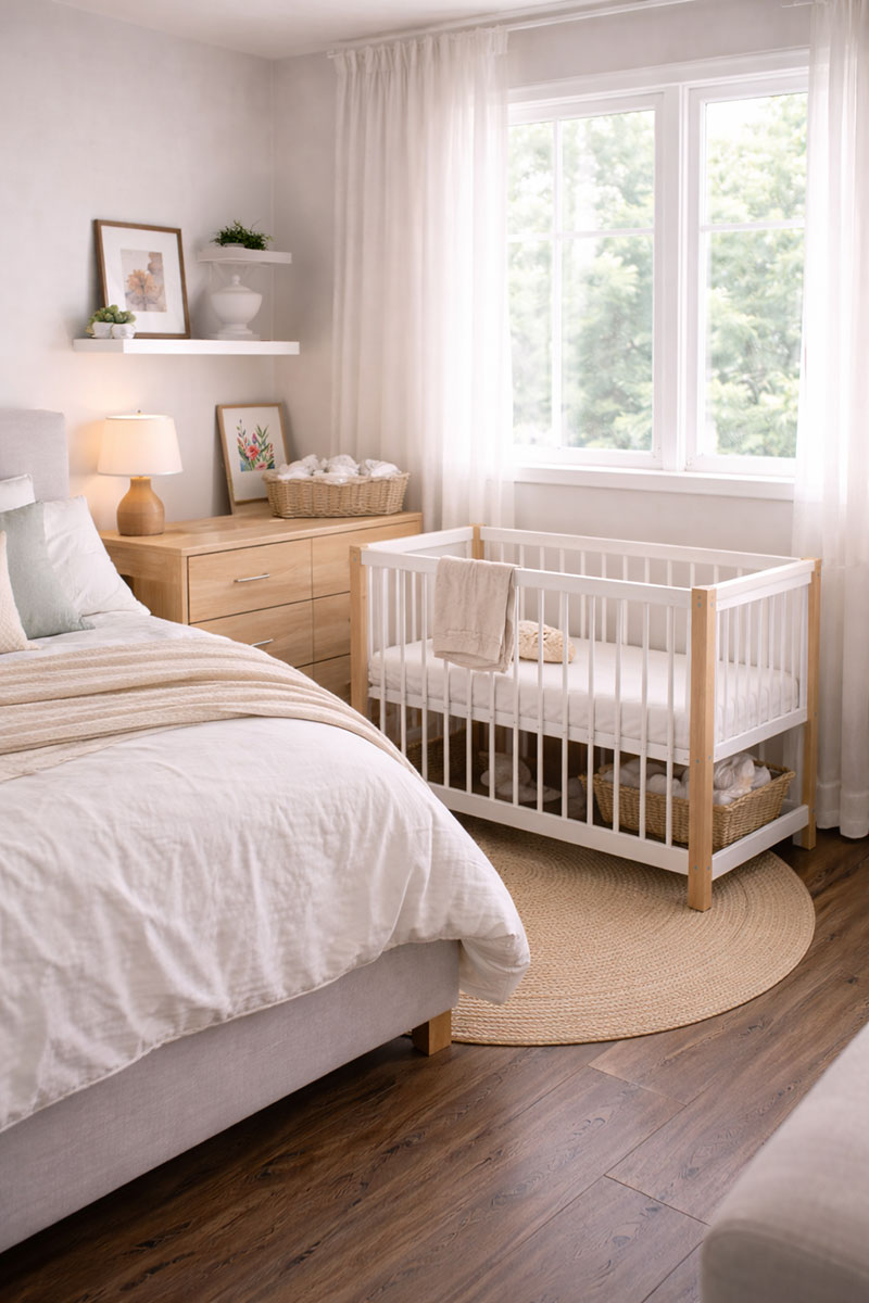 Mini crib placed in a bedroom to save space instead of using a full nursery room